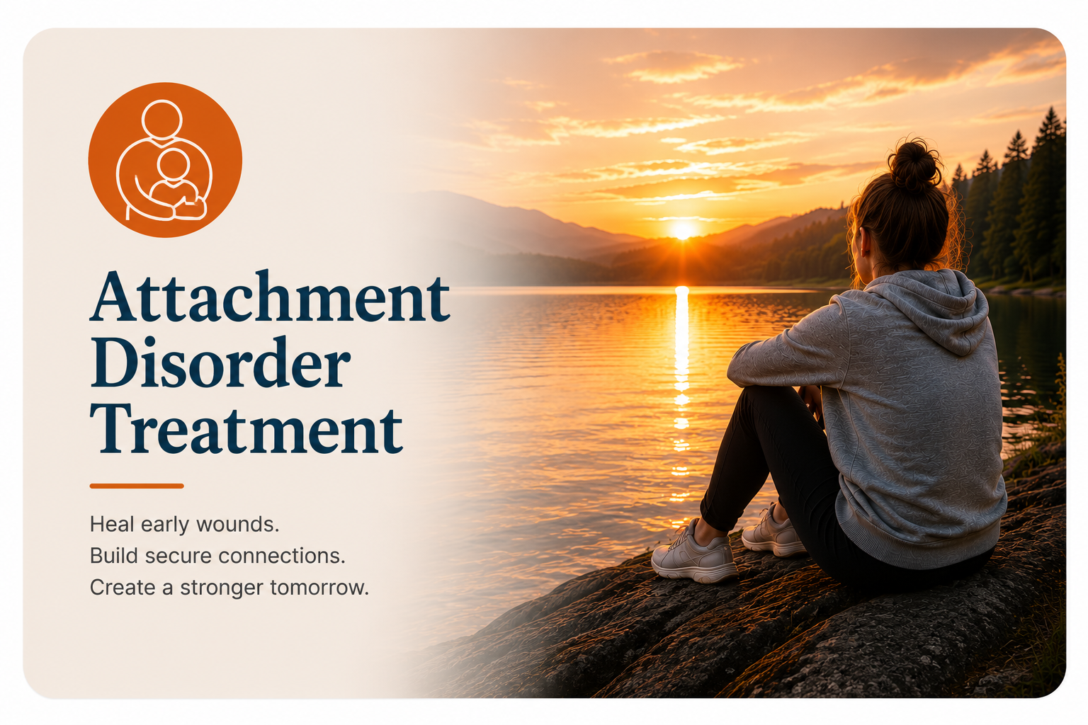 A woman sitting on rocks by a lake at sunset, looking at the water and mountains in the distance, promoting attachment disorder treatment with text.
