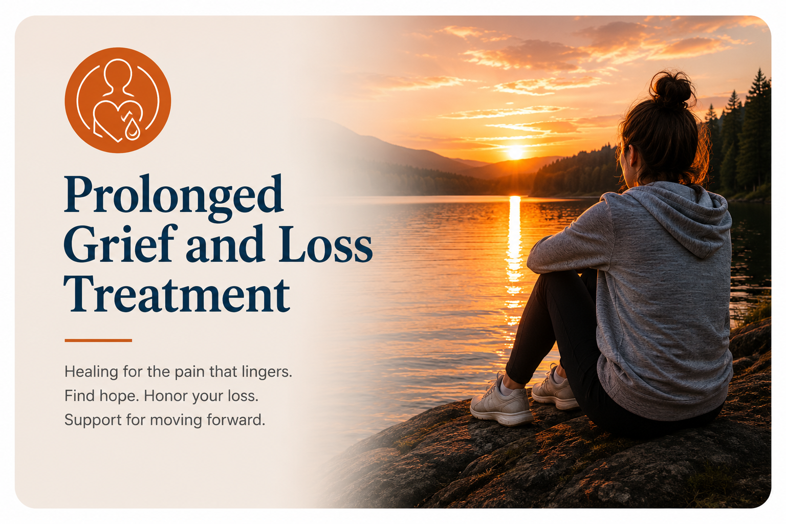 A woman sitting on rocks by a lake, watching the sunset over mountains with trees, depicting reflection and calmness, for promoting grief and loss treatment.