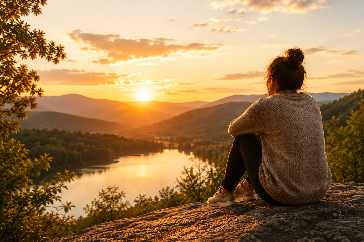 Person sitting on a rock watching a sunset over mountains and a river.