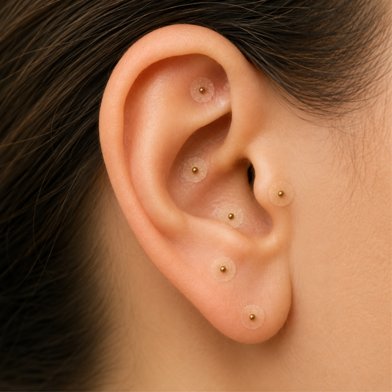 Close-up of a person's ear with multiple gold stud earrings with clear backing.