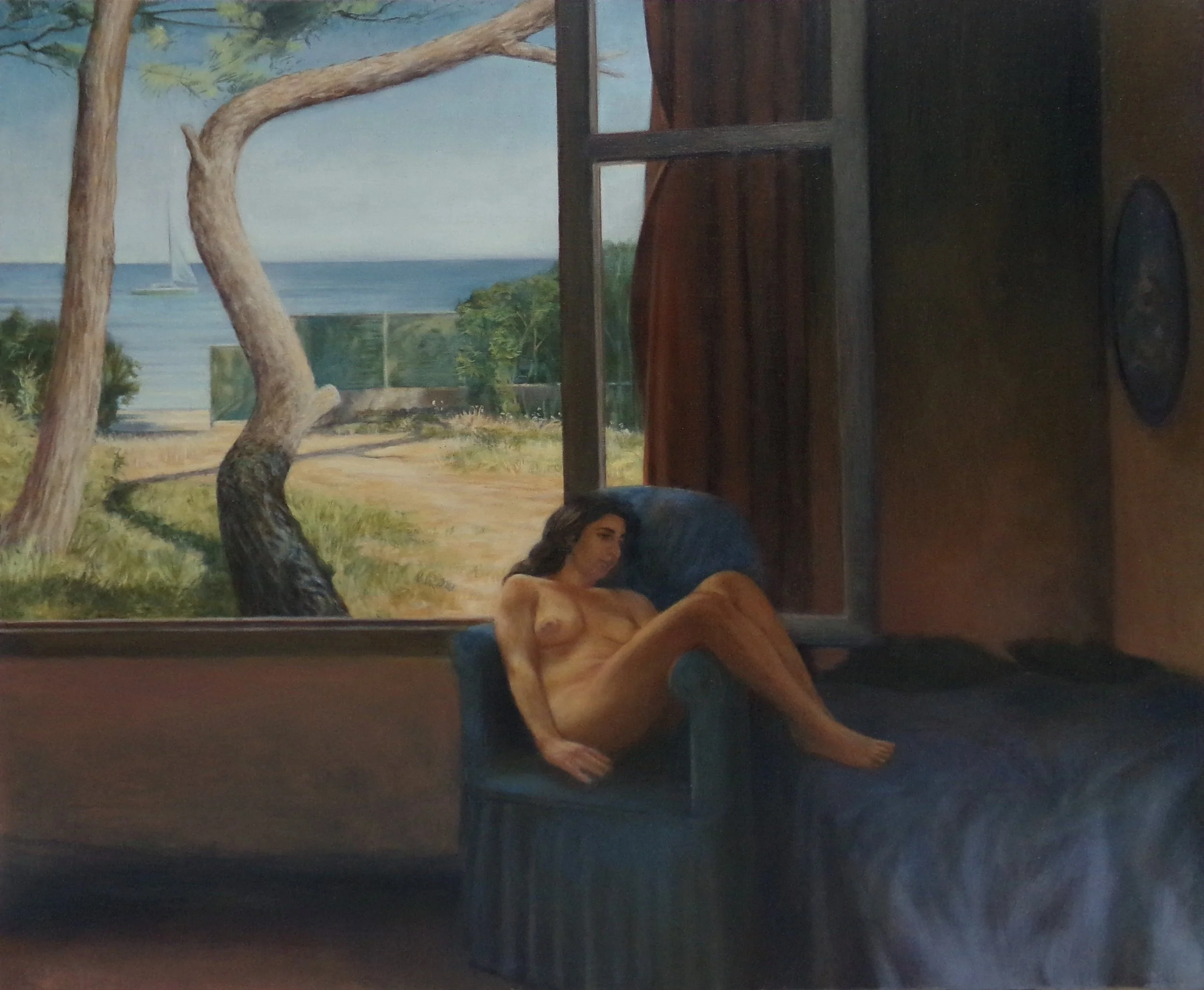 Fauteuil côté mer (huile sur toile, 73x60cm). Disponible