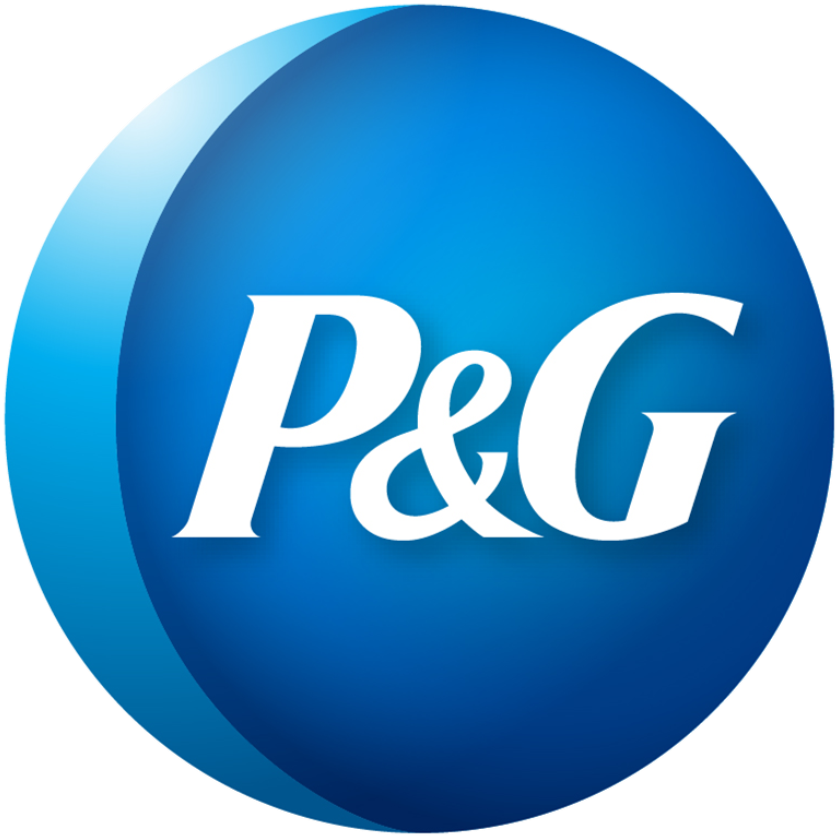 The logo of P&G (Procter & Gamble), a multinational consumer goods corporation, featuring a blue circular background with a lighter blue crescent and white text.