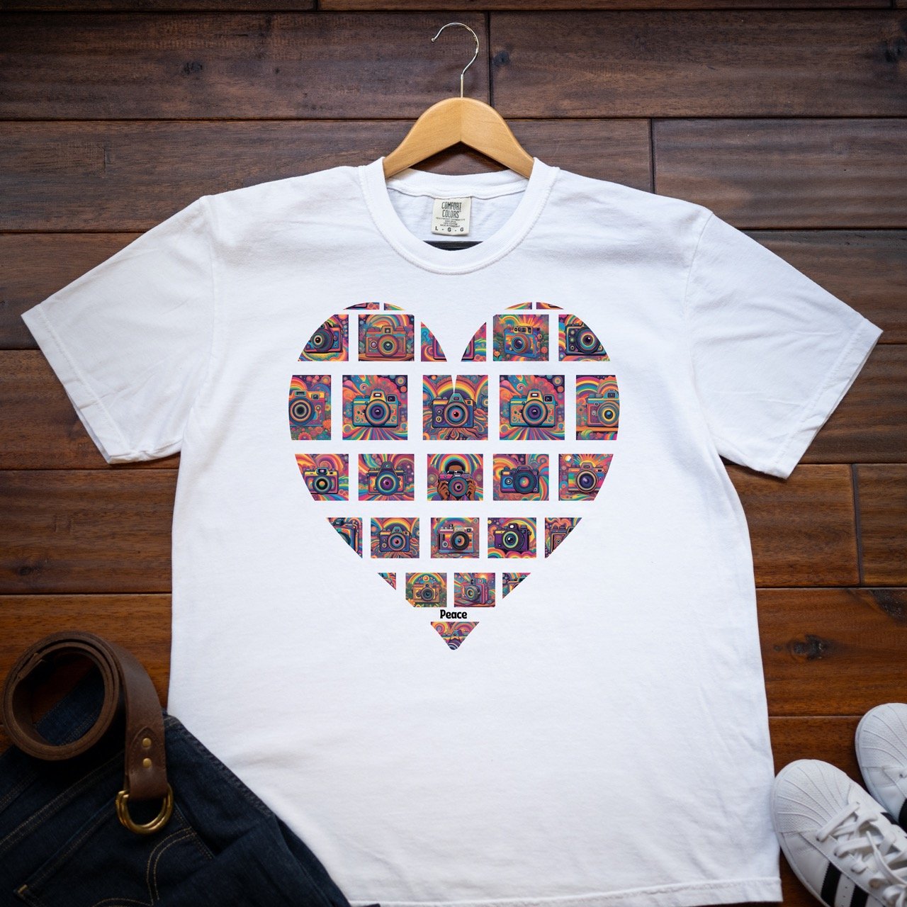 Camera Love Peace white tshirt Large.jpeg