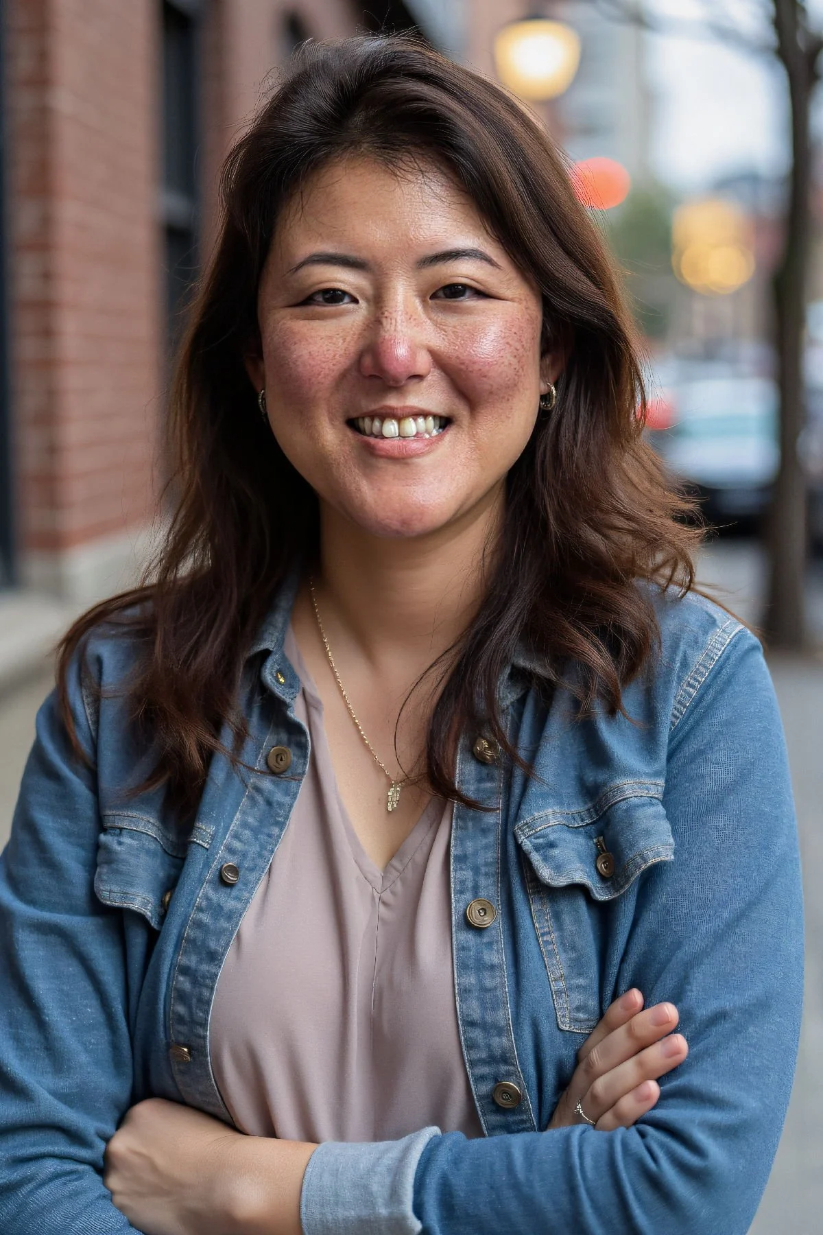Close-up of an Asian woman with black hair, wearing a dark coat, outdoors in an urban setting.