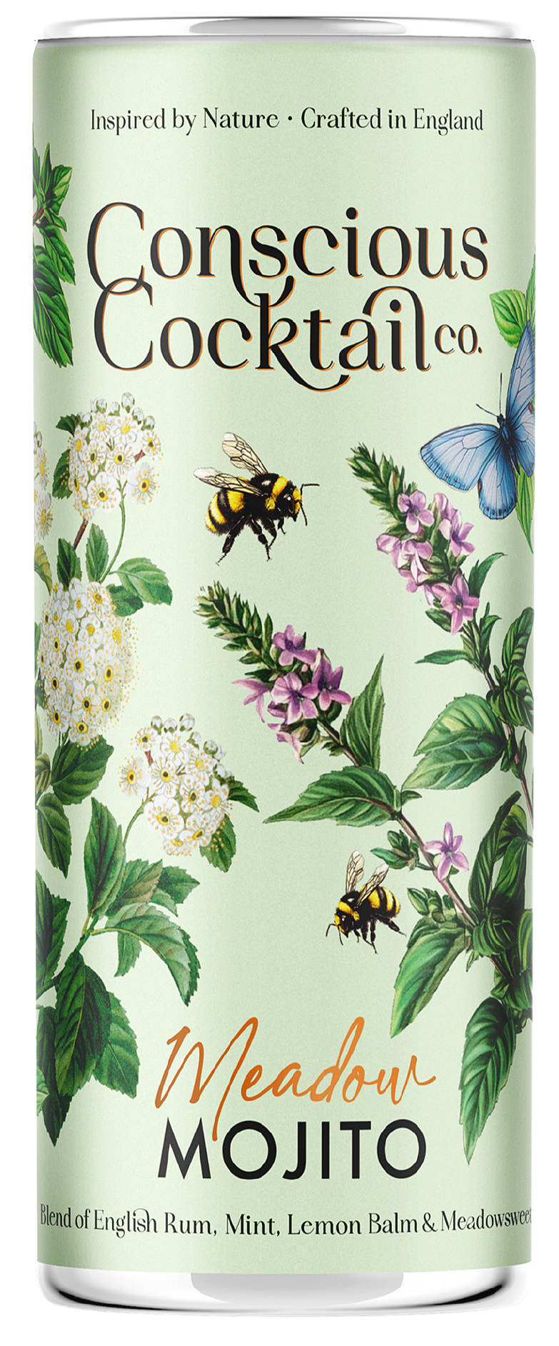 Can of Meadow Mojito cocktail by Conscious Cocktail Co., decorated with illustrations of flowers, bees, and a blue butterfly, featuring text about the product.