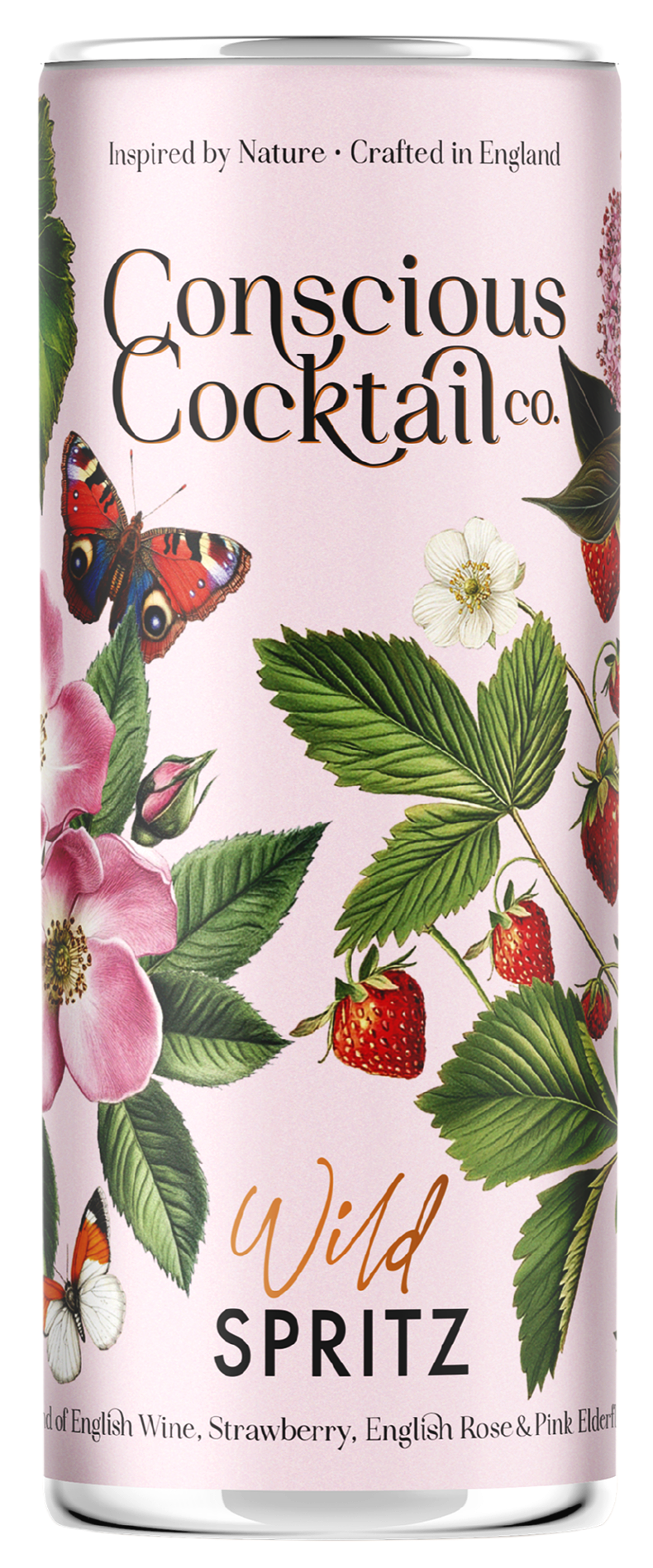 A can of Conscious Cocktail Co. Wild Spritz containing a floral design with strawberries, leaves, and butterflies, and text indicating it is inspired by nature and crafted in England.