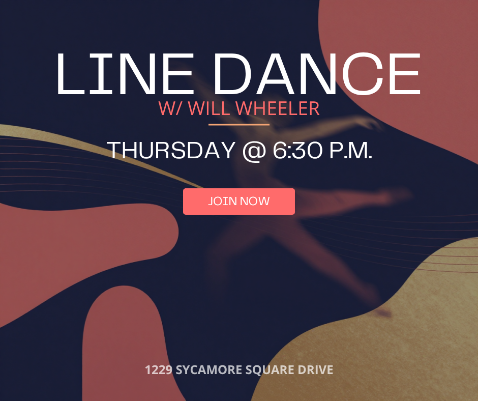 Flyer for a line dance class with Will Wheeler on Thursday at 6:30 p.m., located at 1229 Sycamore Square Drive, with a red 'Join Now' button.