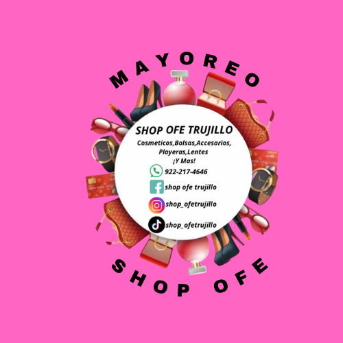 Logo de tienda llamada Mayor o Shop Off con accesorios como bolsos, lentes y zapatos, en fondo rosa