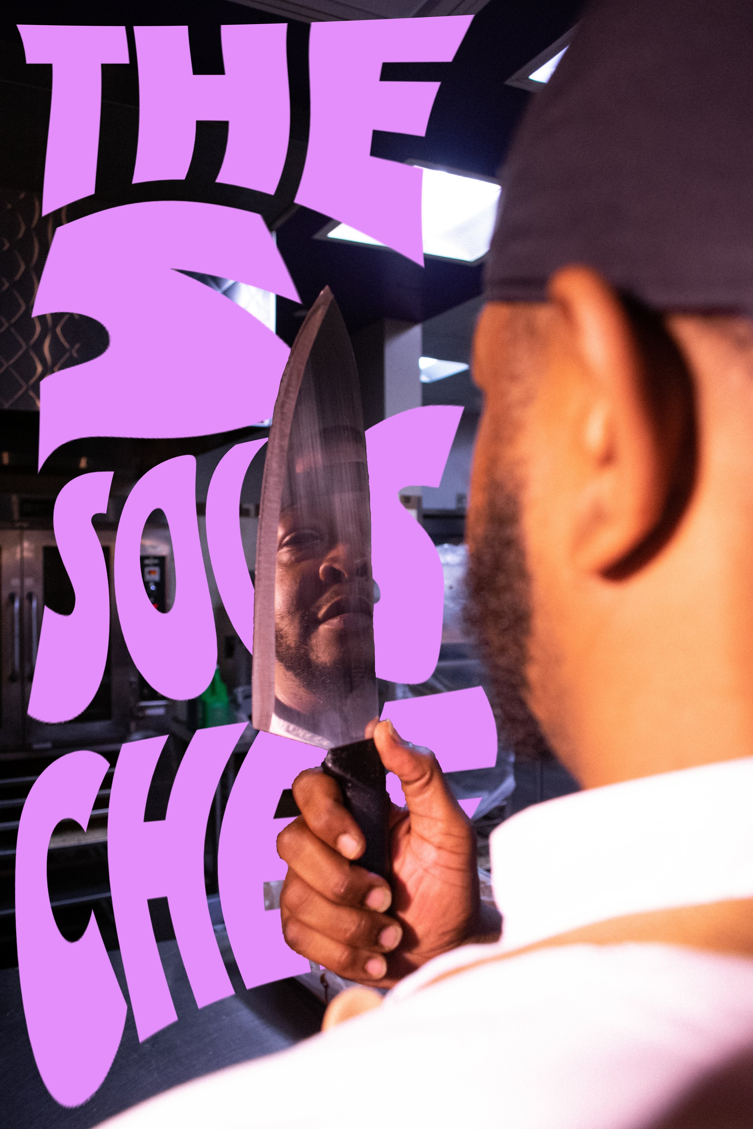 A person holds a knife, reflecting their face, with oversized purple text saying "The Sous Chef" in a kitchen setting.