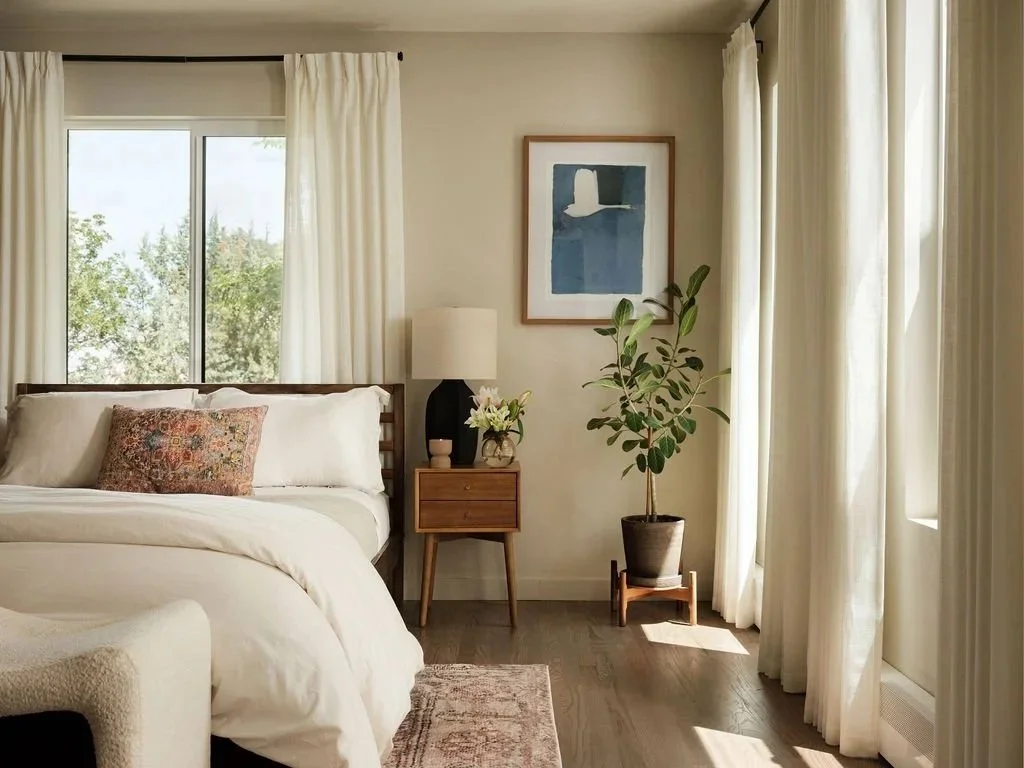 Modern bedroom with neutral bedding, natural light, soft curtains, wood nightstand, and layered home styling by Z. Tay Interiors & Home Styling.