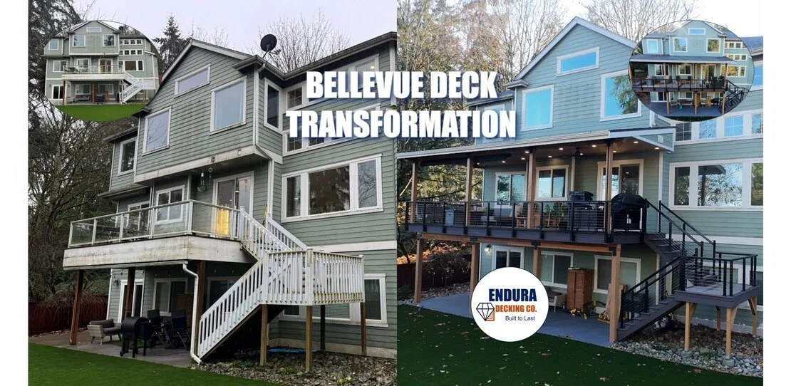 After photo of a rebuilt Bellevue second‑story deck with a new covered roof, AZEK Coastline decking, fascia‑mounted cable railing, exposed glulam beams, and upgraded outdoor living space.
