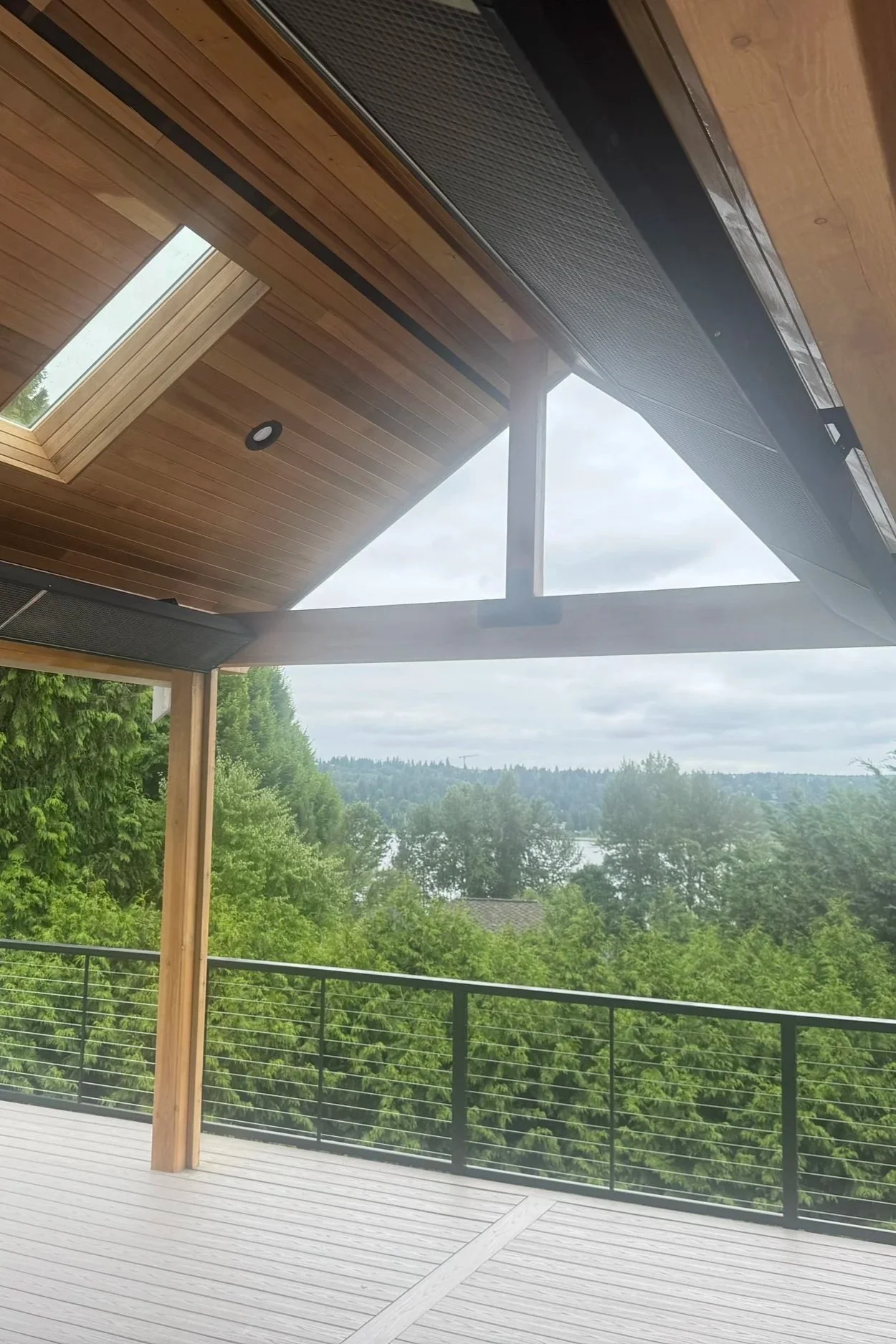 A balcony with wooden flooring and a black metal railing, overlooking lush green trees and a river in the distance, with a cloudy sky overhead.