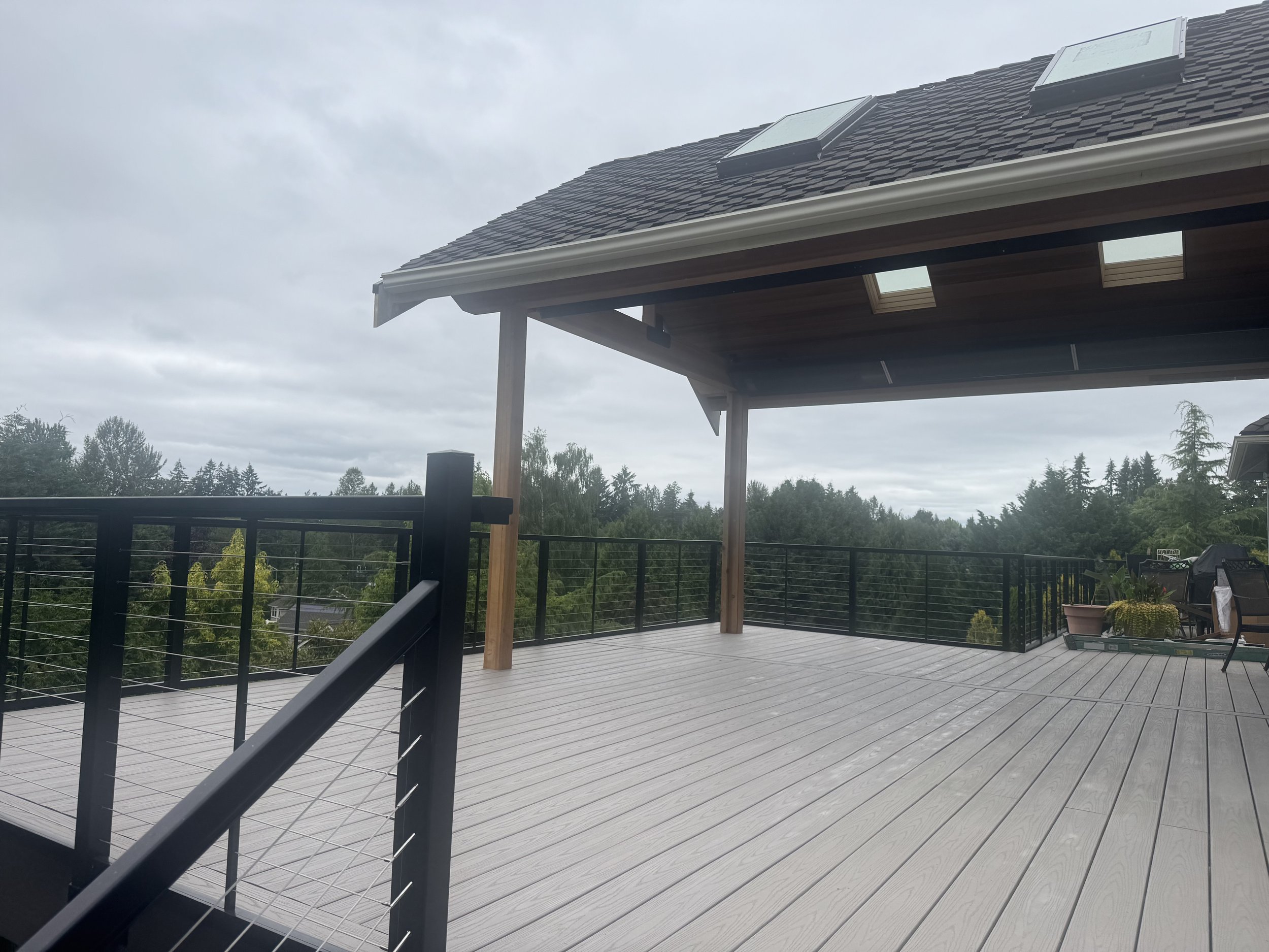 A spacious outdoor wooden deck with a black railing, potted plants, and a ceiling with two skylights, overlooking trees and a cloudy sky.