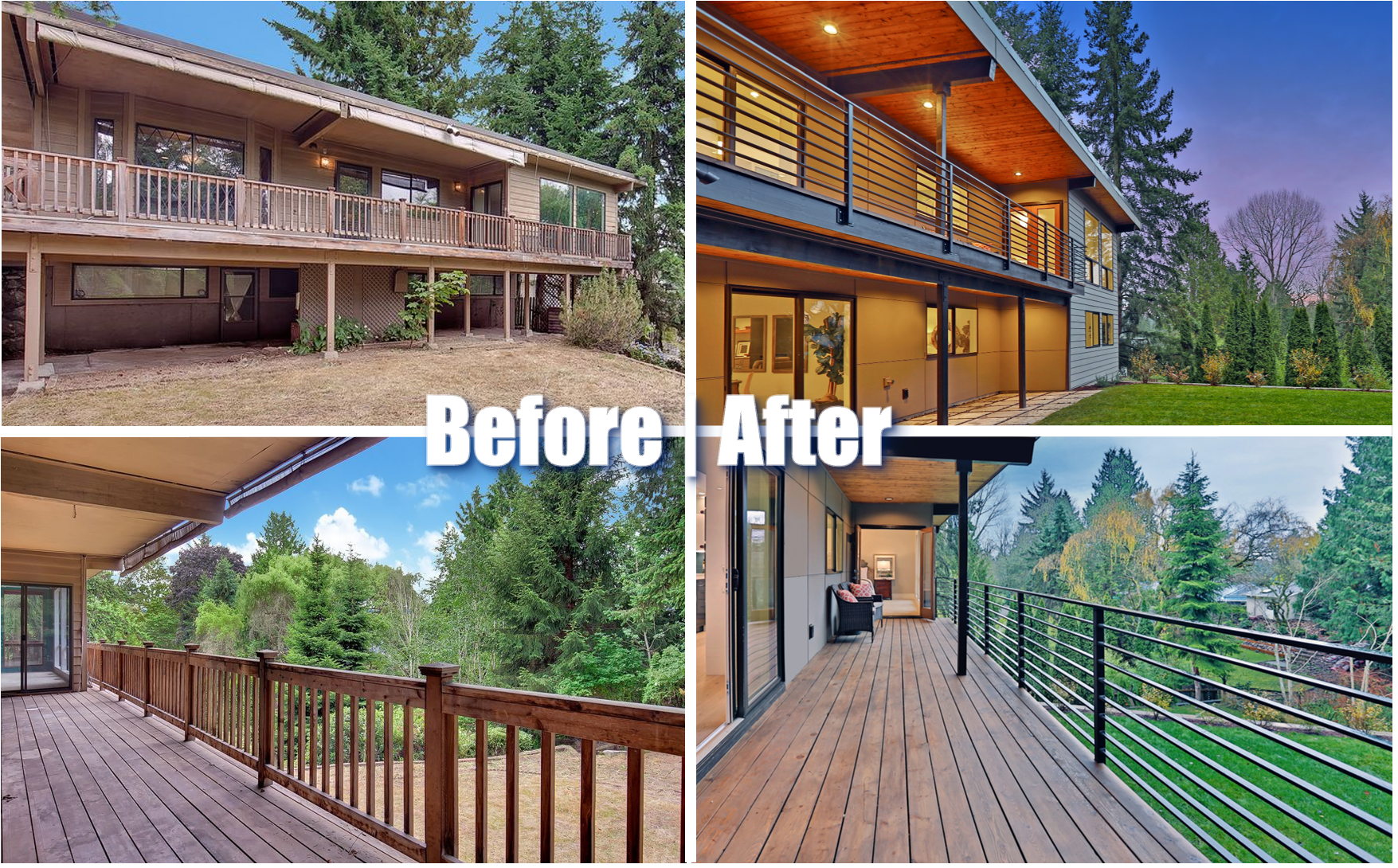 before and after of second story deck resurfacing and new railing