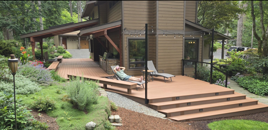 Large rebuilt TimberTech AZEK deck in Redmond, Washington with new structural framing and low-maintenance PVC decking.