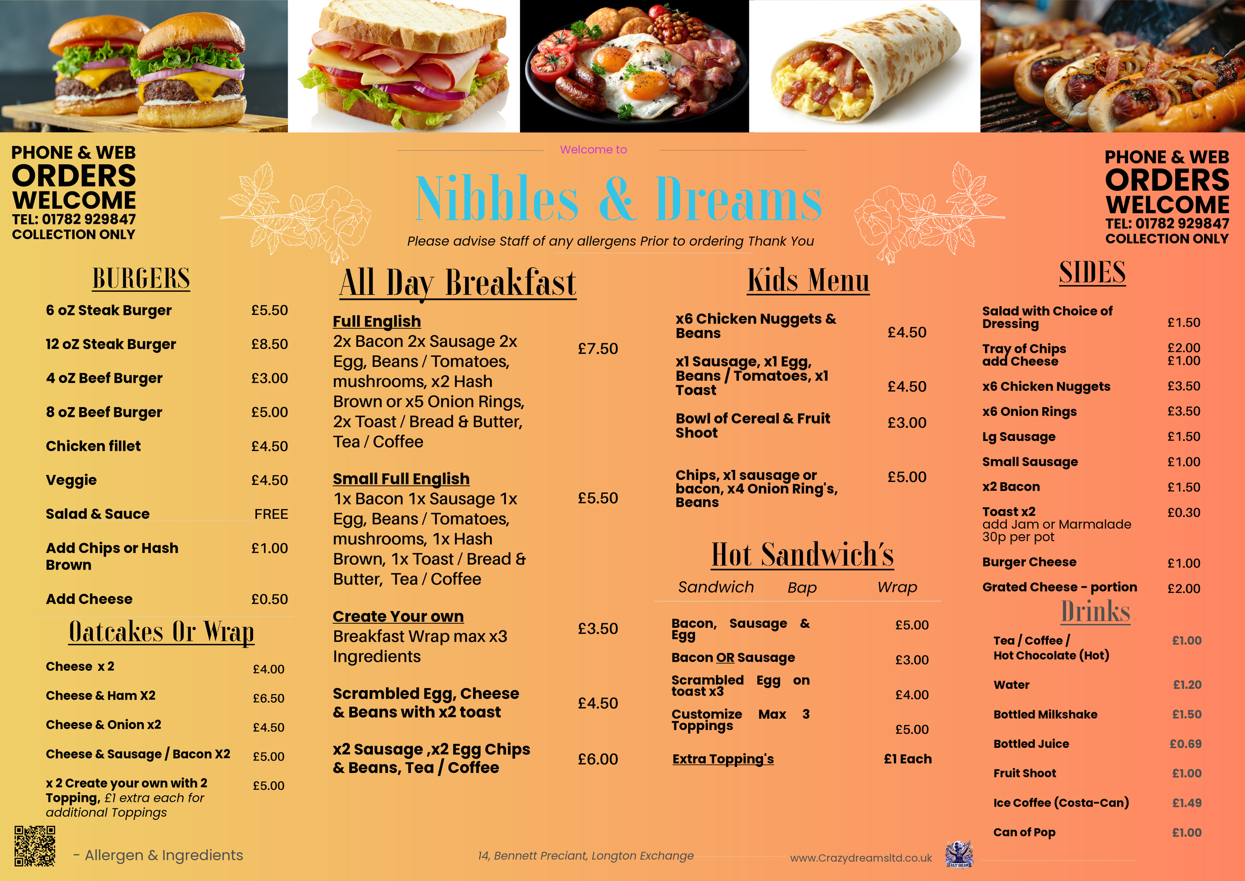Menu titled 'Nibbles & Dreams' featuring photos of burgers, sandwiches, eggs, and pizza at the top. The menu offers various options including burgers, all-day breakfast, kids menu, sides, hot sandwiches, drinks, and extras with prices listed for each. Contact information and location details are included at the bottom.