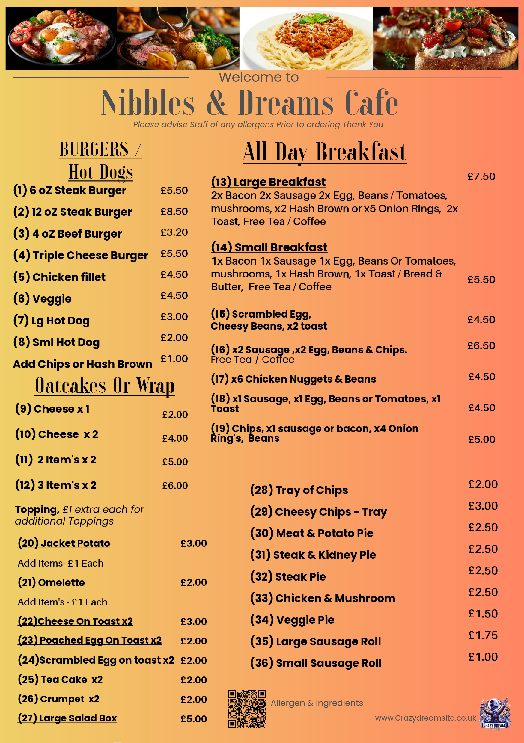 Menu from Nibbles & Dreams Cafe featuring breakfast, burger, hot dog, oatcake, wrap, and pie options, along with images of different breakfast plates, burgers, and toppings at the top.