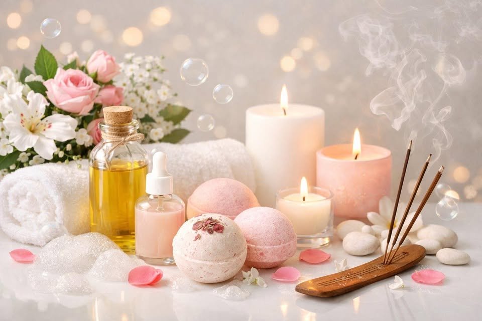 Spa or relaxation setup with flowers, candles, bath bombs, oils, stones, incense, and bubble bath.