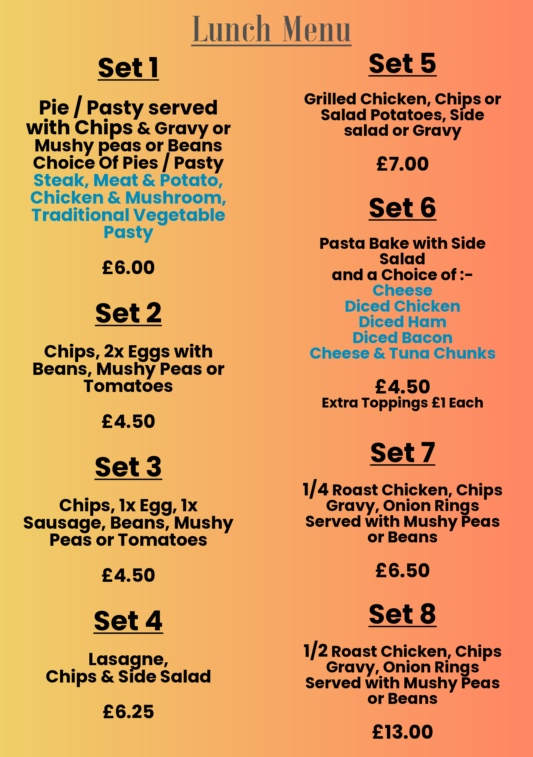 Lunch menu with various set meal options, including pies, chips, pasta, chicken, and more, with prices ranging from £4.50 to £13.00.