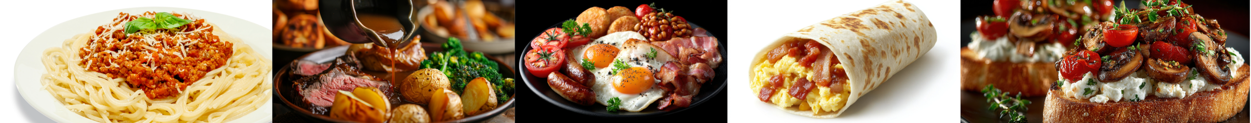 A collage of five different foods: spaghetti with meat sauce, a plate with roast beef and vegetables, a breakfast dish with eggs, bacon, and sausage, a breakfast wrap with eggs and bacon, and a serving of garlic bread topped with mushrooms, cherry tomatoes, and herbs.