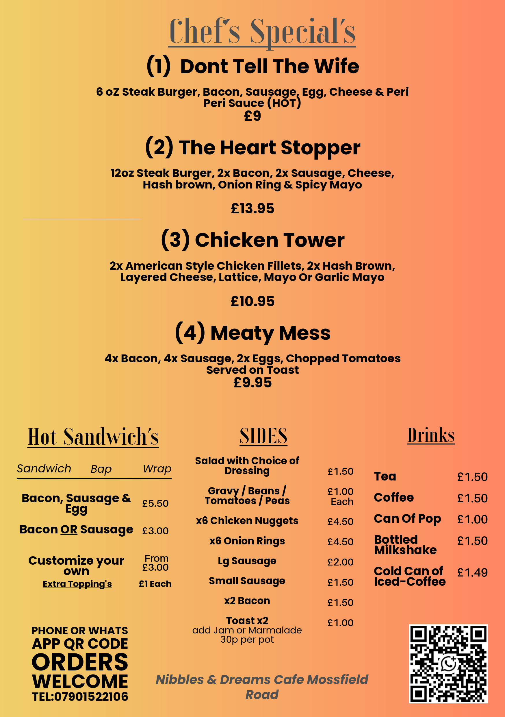 A colorful restaurant menu with food options, side dishes, drinks, and a QR code for orders. The menu features various burger and chicken dishes, sandwiches, and beverages.