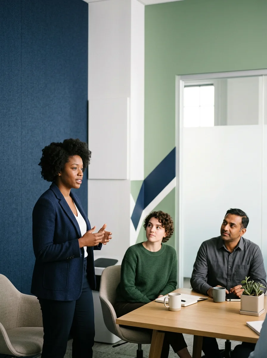 A woman in a navy blazer stands and speaks in front of a small group during a meeting, with two people seated at a conference table listening.
