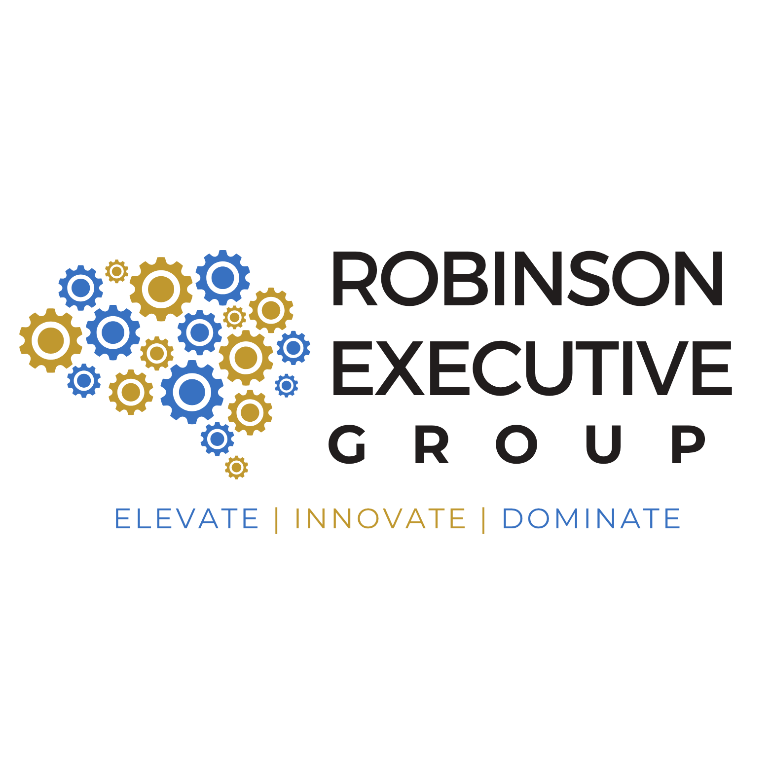Logo of Robinson Executive Group featuring interconnected gears in blue and gold colors, with the tagline 'Elevate | Innovate | Dominate' below.