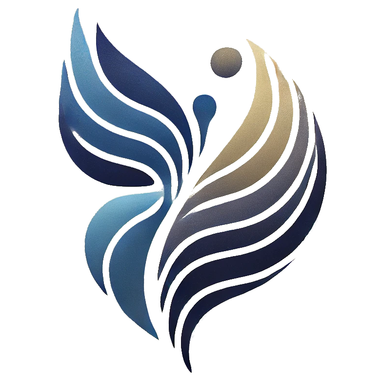 Abstract blue, gold, and gray flowing feather logo on a transparent background