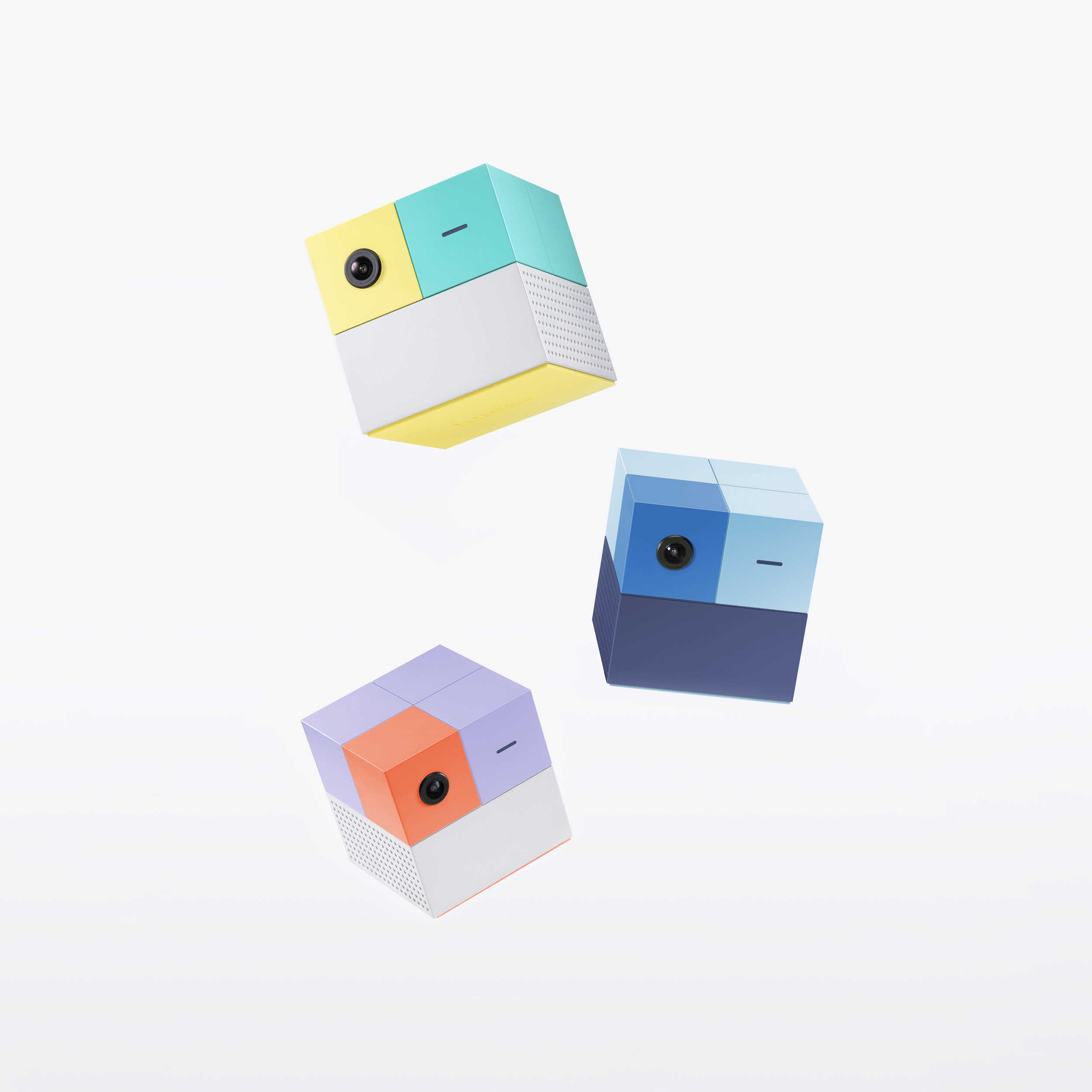 Floating, colorful gaming console cubes.