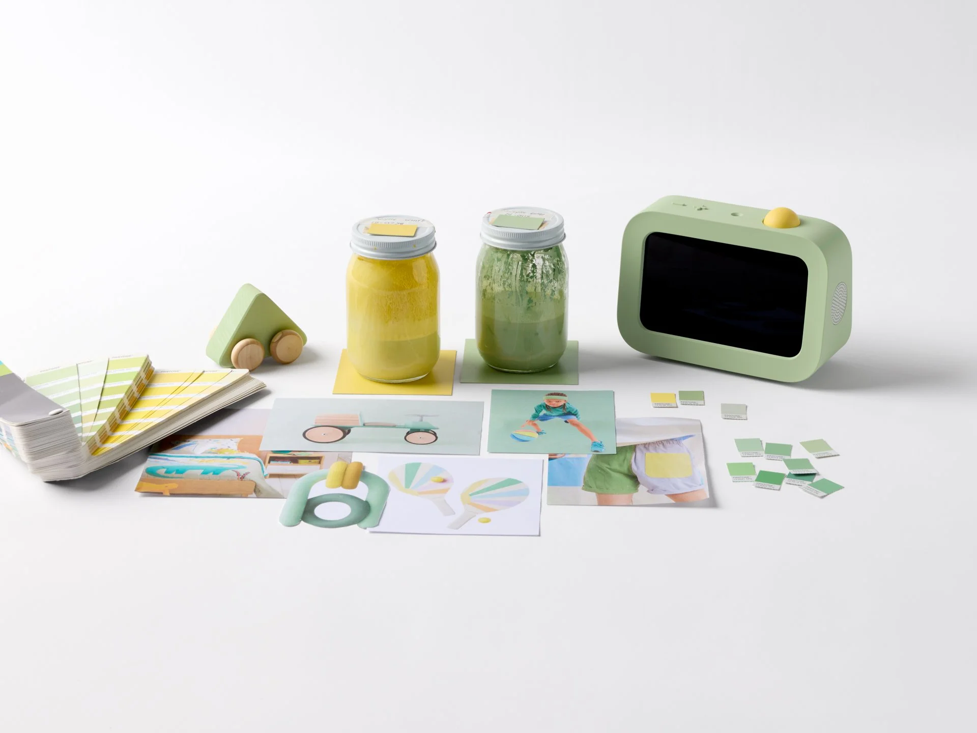 Green and yellow color exploration for a children's task tracking device called Skylight Buddy.