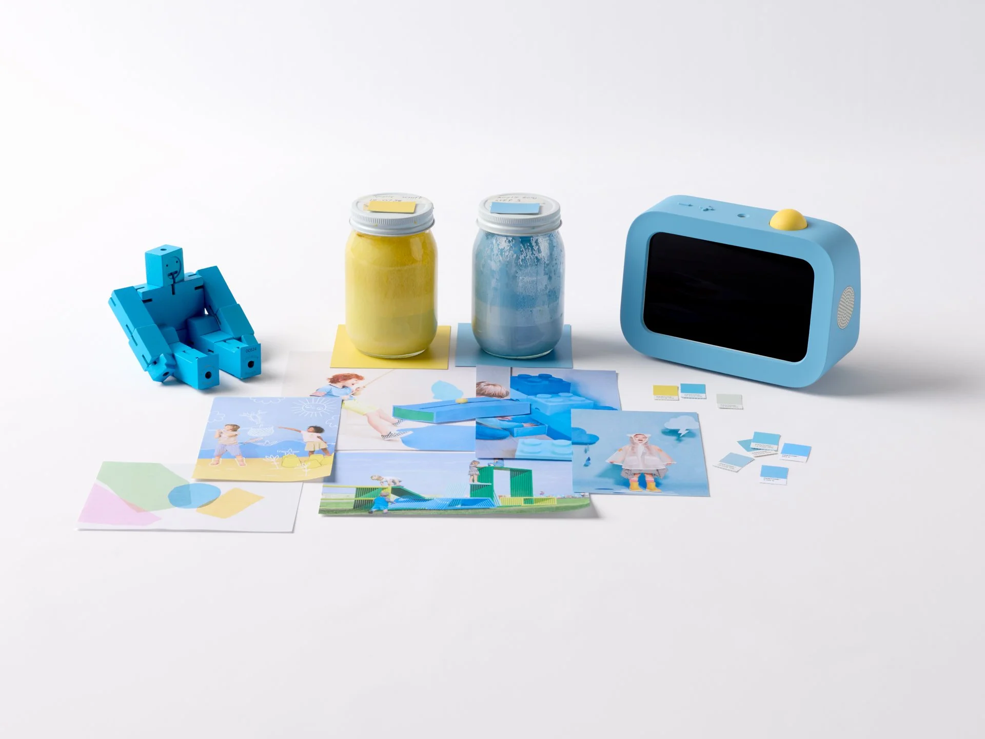 Blue and yellow color exploration for a children's task tracking device called Skylight Buddy.