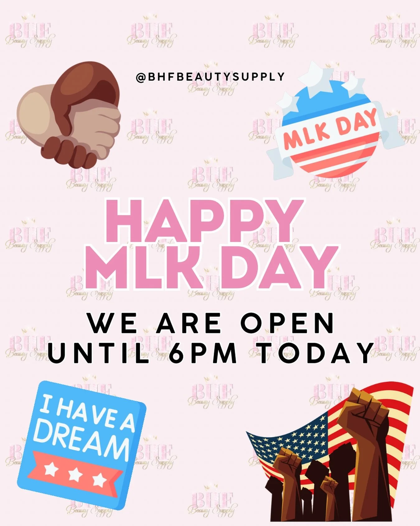 Happy Martin Luther King Jr. Day 🤍
We&rsquo;re open today until 6 PM&mdash;come through and shop with us! 
&mdash;-
Follow @bhfbeautysupply 
&mdash;-
#beautysupplystore #salinaks #beautysupply #midwestbeautysupply #blackownedsmallbusiness