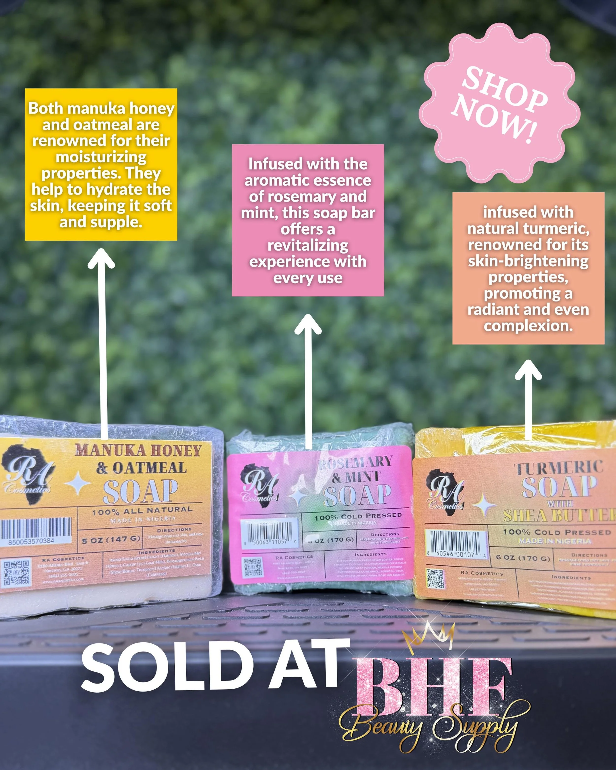 Stop by and check out our 100% cold pressed face and body soaps that we have here in stock! 💓

- Manuka Honey &amp; Oatmeal 💛
- Rosemary &amp; Mint 💚
- Tumeric 🧡
&mdash;-
Follow @bhfbeautysupply 
&mdash;-
#beautysupplystore #salinaks #beautysuppl