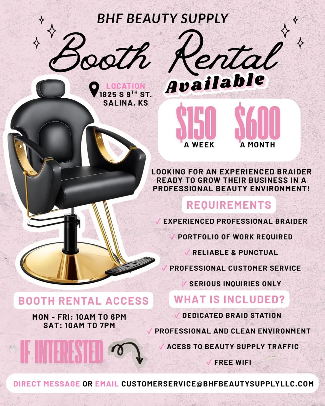 ‼️BIG ANNOUNCEMENT FOR PROFESSIONAL BRAIDERS IN SALINA KS‼️

The BHF Beauty Supply has a station open for a professional braider! Please send a DM or email if interested in the spot. 💕
&mdash;-
Follow @bhfbeautysupply 
&mdash;-
#beautysupplystore #s