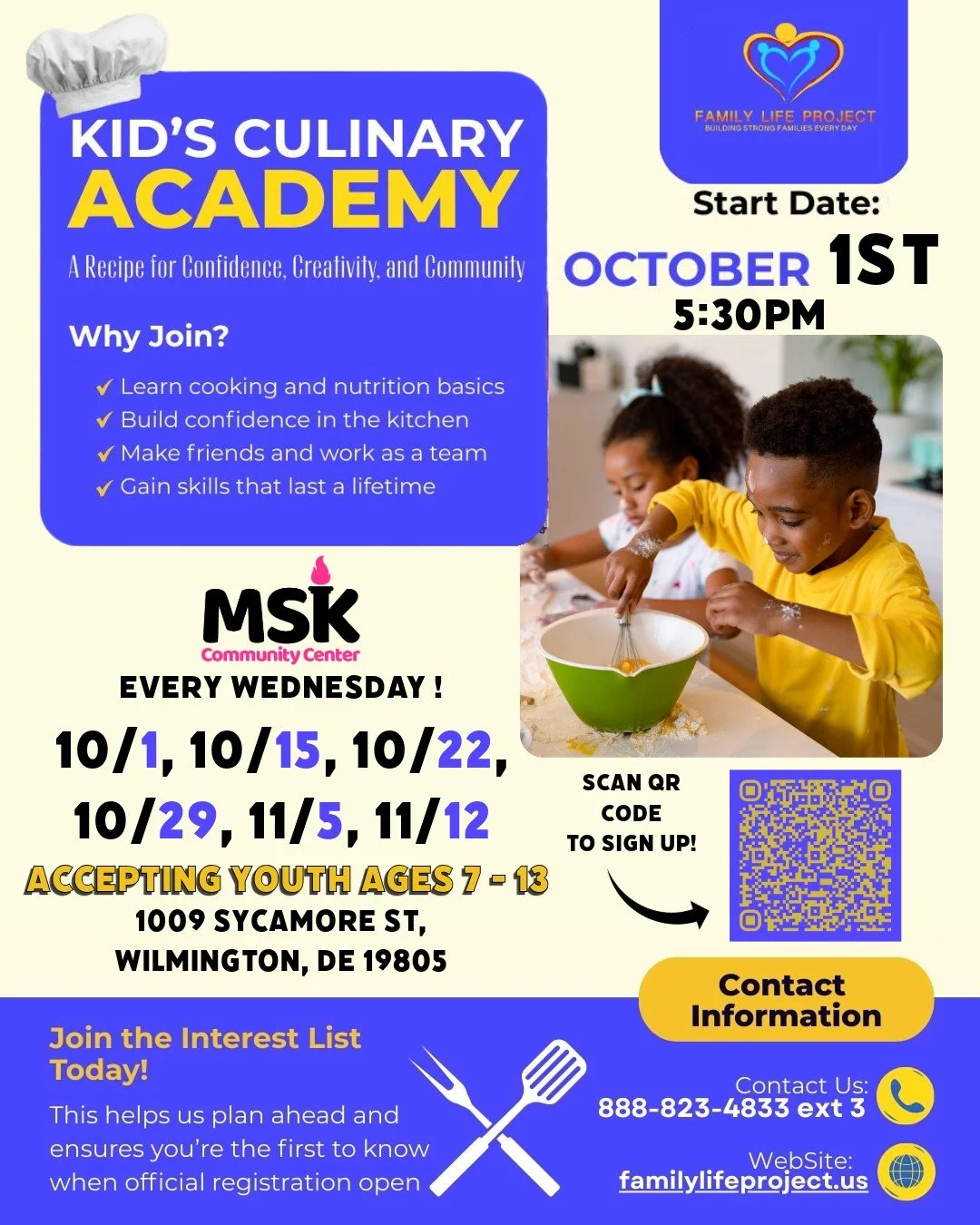 MSKCC & Family Life Project Kids Culinary Academy - October 1st 2025 Every Wednesday