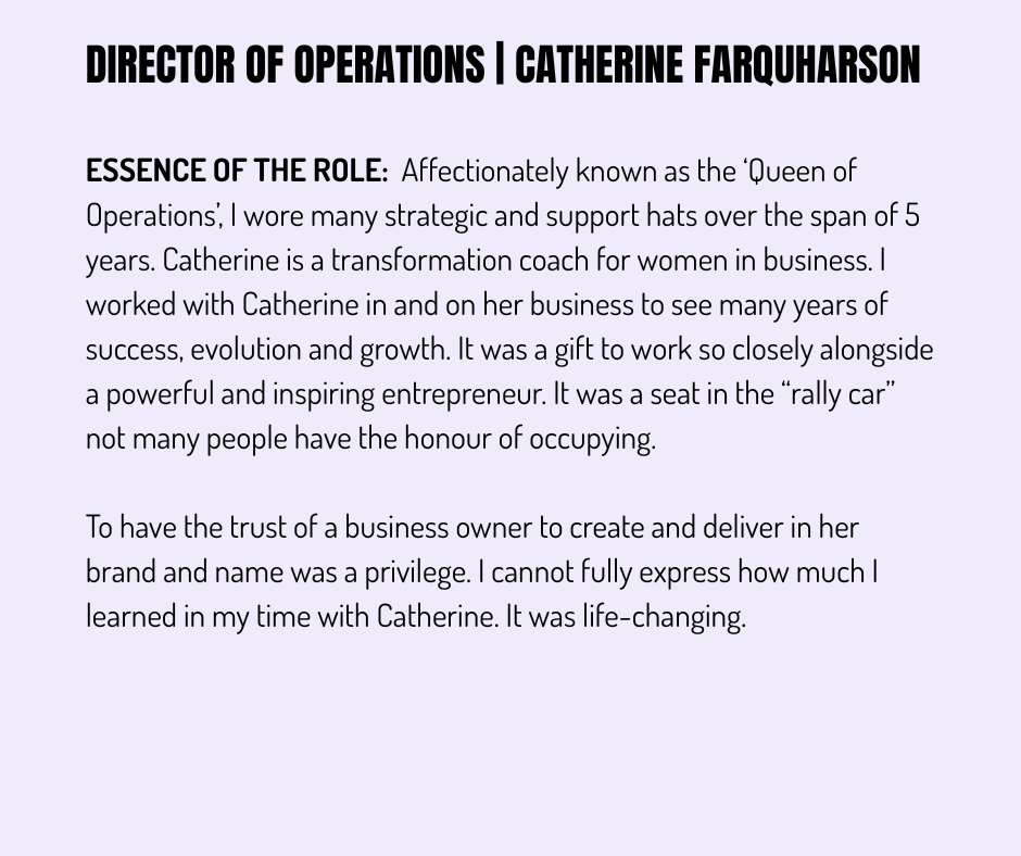 Text describing the role of Director of Operations at Catherine Farquharson Coaching, highlighting experiences, responsibilities, and the positive impact of working with a transformation coach for women in business.
