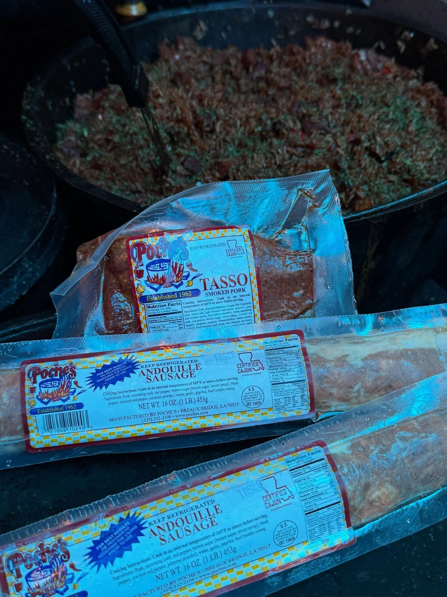 Big Sausage news!😂 We are now proudly serving Poche&rsquo;s Andouille Sausage &amp; Tasso from Breaux Bridge, LA in our Jambalaya &amp; Red Beans! (Soon to be Gator Sausage too!)💜💛💚