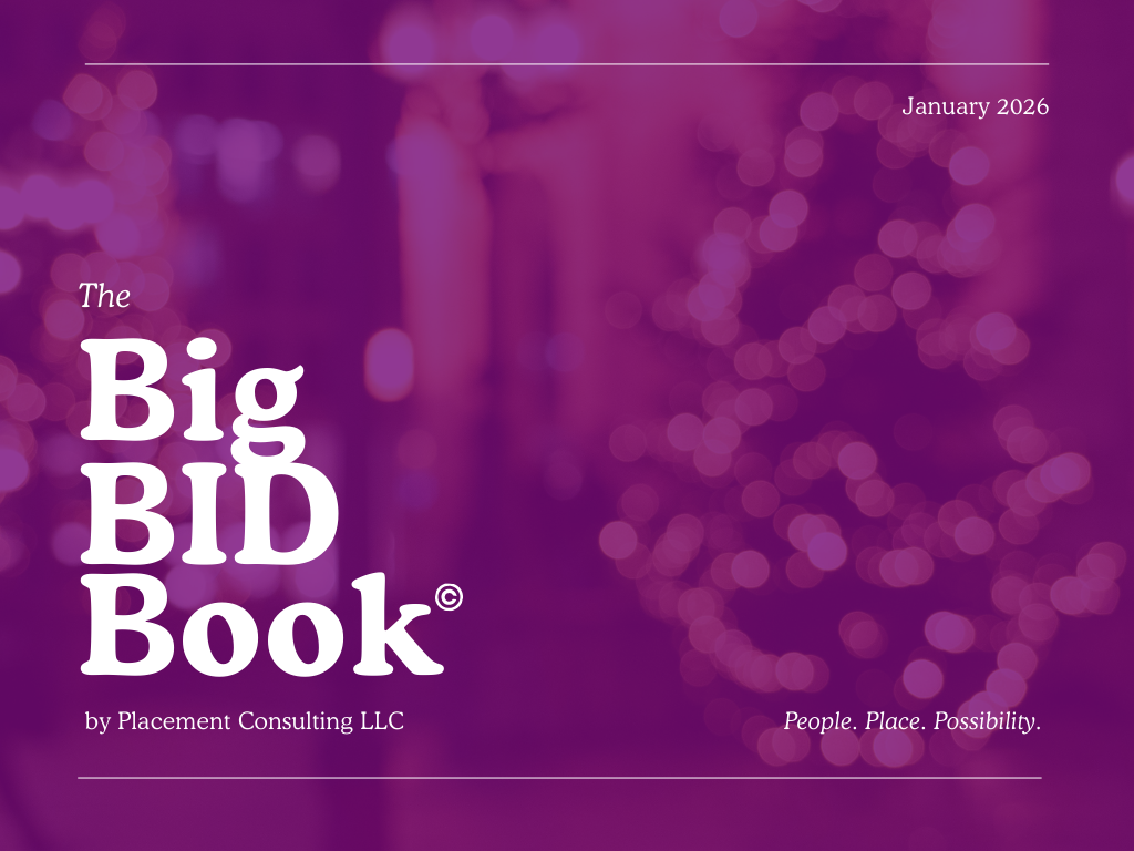 Cover of a book titled 'The Big BID Book' with a purple bokeh background, published in January 2026 by Placement Consulting LLC, with the tagline 'People. Place. Possibility.'