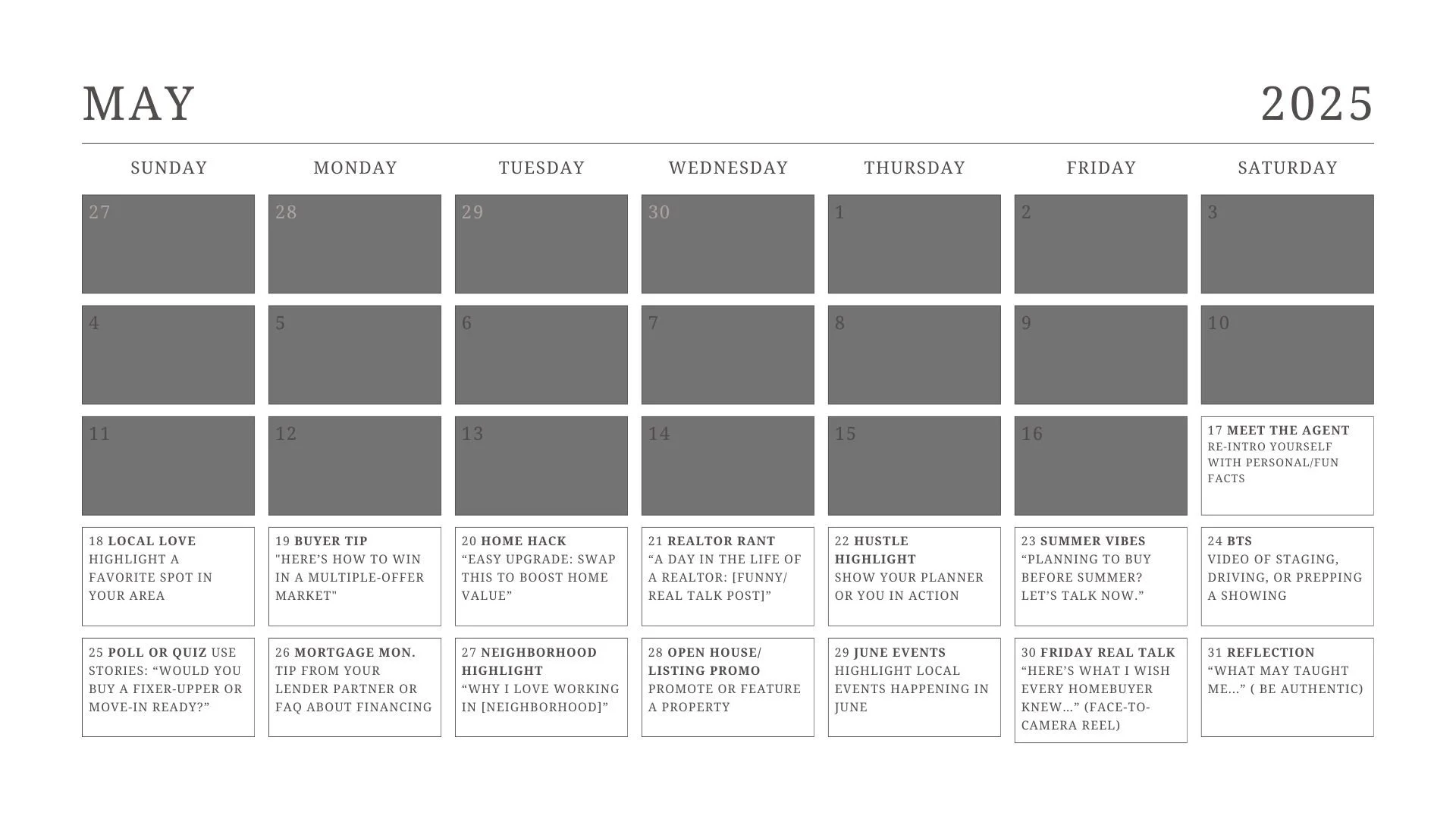 May 2025 calendar page with various event titles and descriptions for each day.