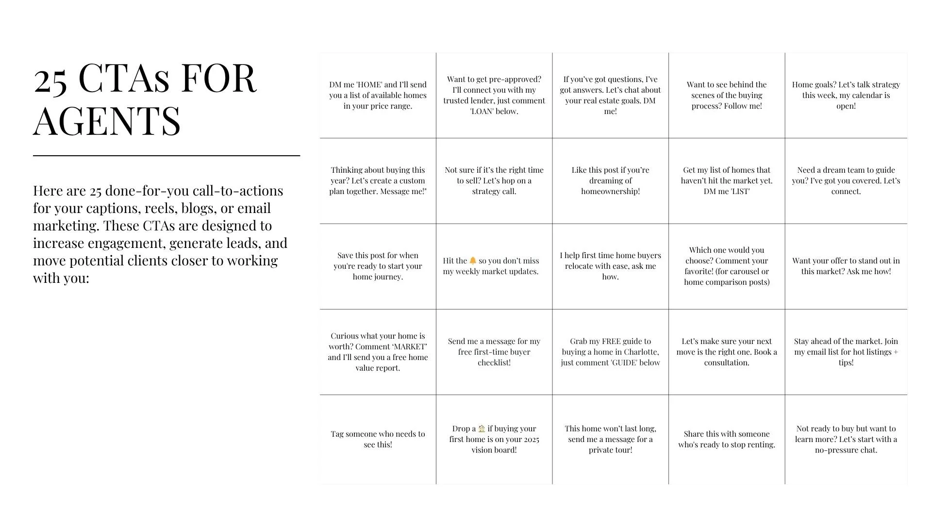 A chart titled '25 CTAs FOR AGENTS' with a brief description about call-to-actions for marketing. The chart contains 25 rows of different call-to-actions and instructions related to real estate marketing.