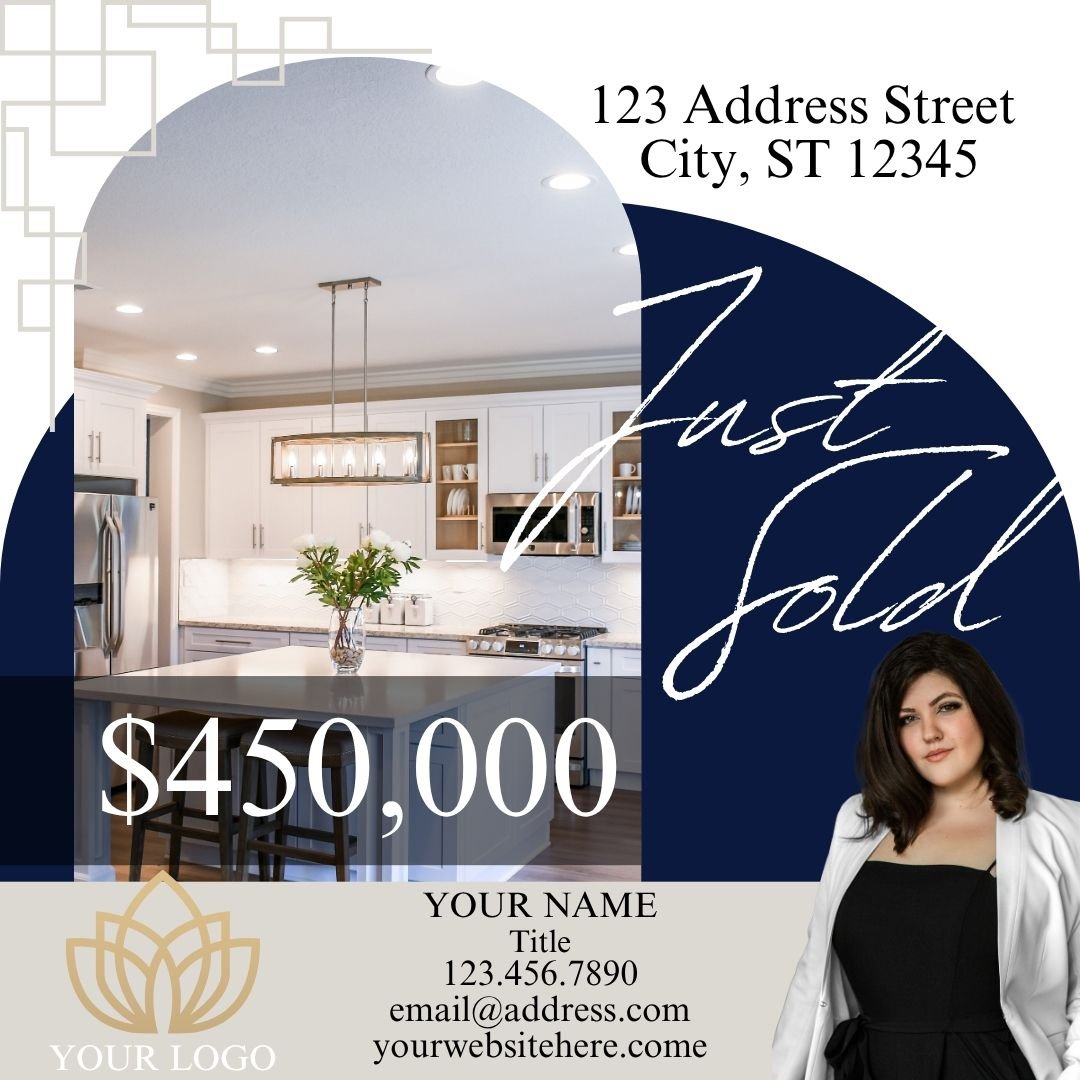 Real estate flyer featuring a modern kitchen with white cabinets, a large central island with a vase of flowers, and a woman in business attire. Text indicates a house listed for $450,000 with an address and contact information.