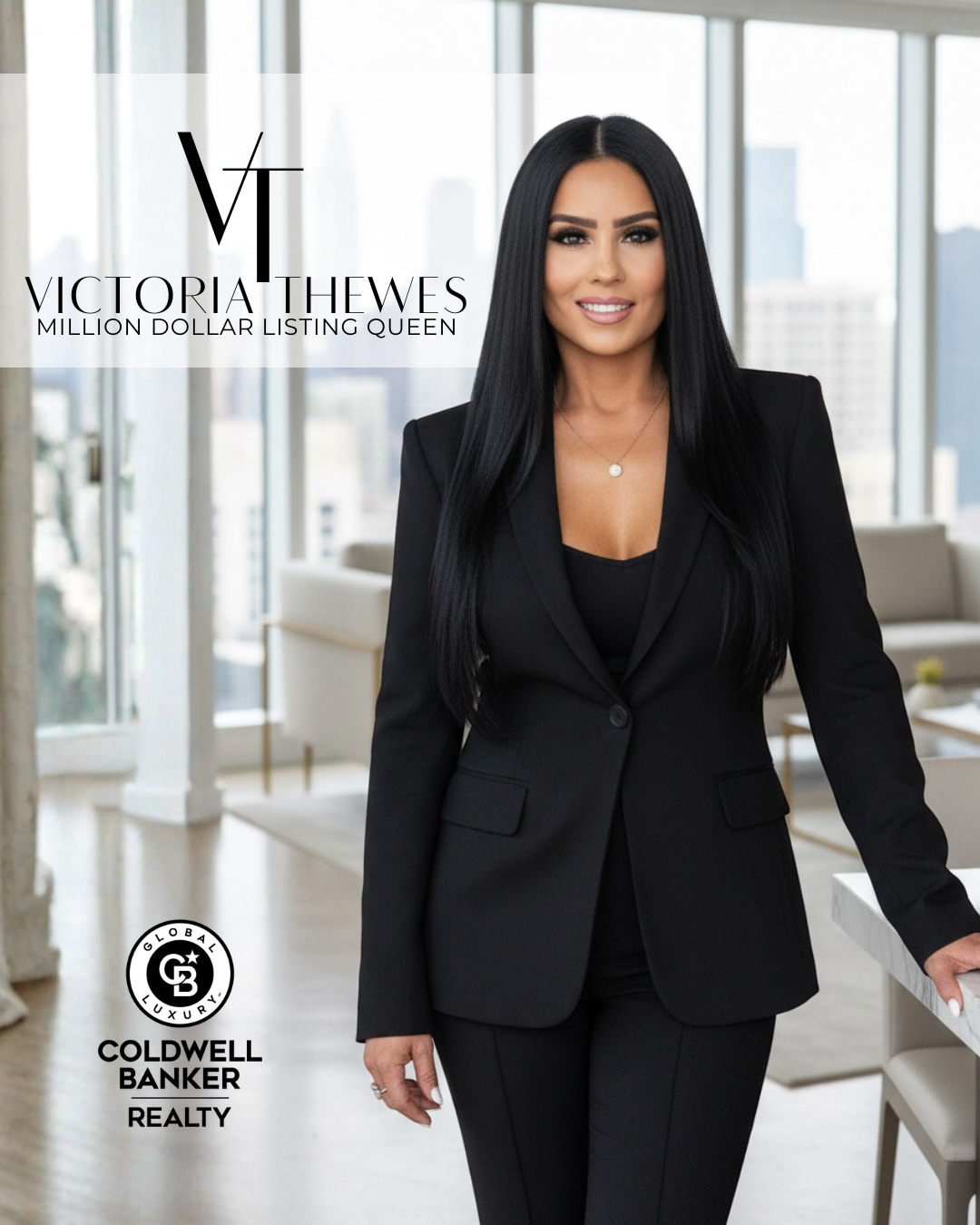 Professional woman in black blazer and pants standing in modern office with city view, promoting Victoria Thewes, a luxury realtor.