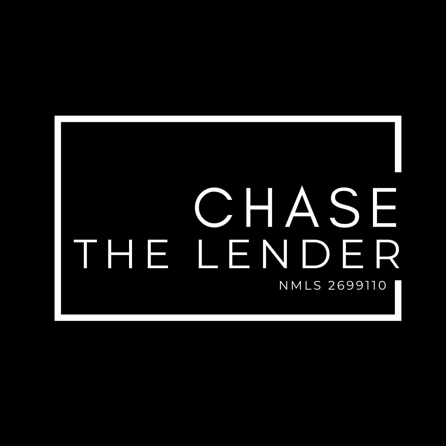 Business card for Chase the Lender featuring a black background, white text, and a white rectangular border.