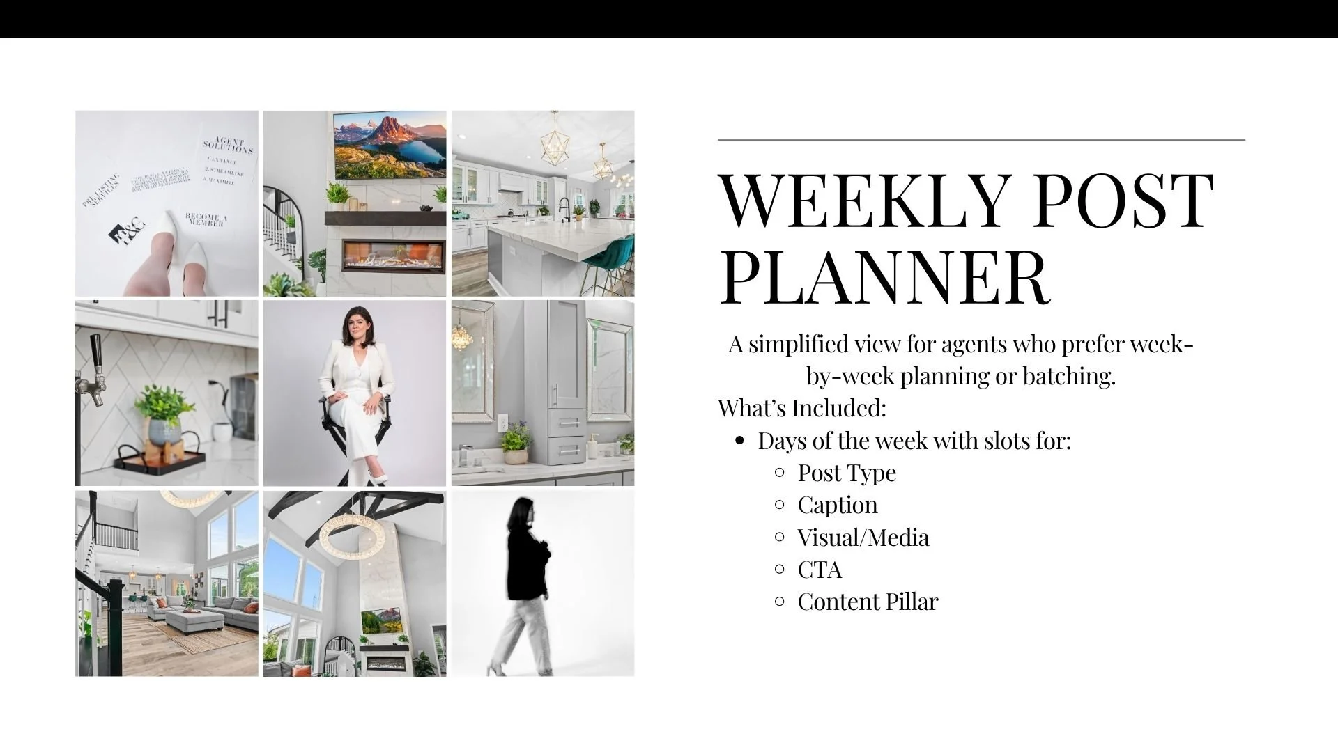 Collage of nine images depicting modern interior and exterior home decor, including a living room, kitchen, office, and outdoor spaces, alongside a woman in professional attire. To the right, text reads 'Weekly Post Planner' with a description of the planner's features.