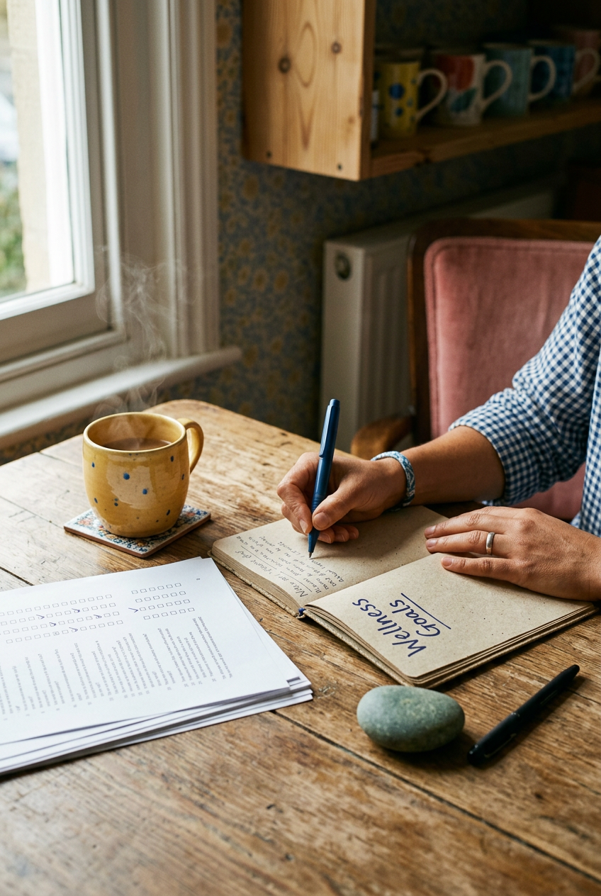 A person writing in a notebook labeled 'WELLNESS GOALS' at a wooden table near a window, with a steaming coffee mug, some papers, and a rock nearby.