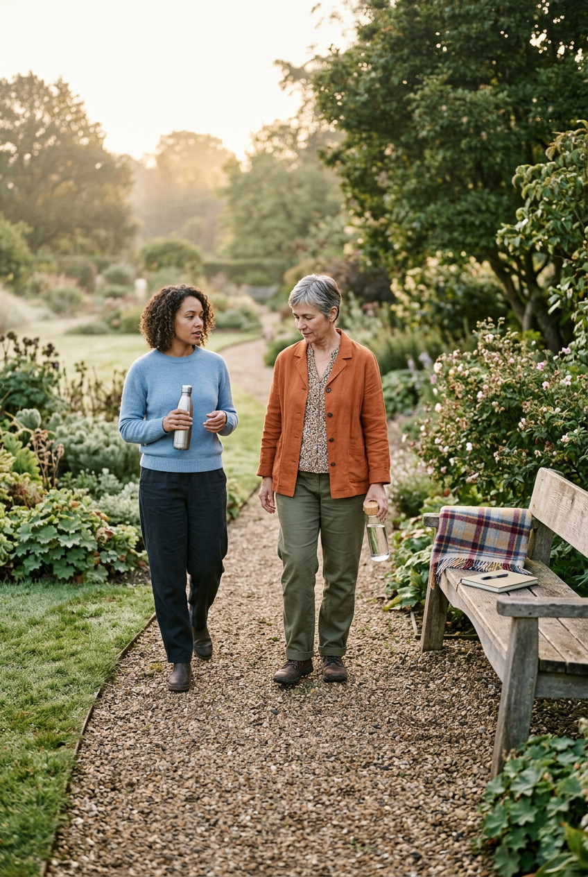 Two women walking and talking in a garden during the day, one holding a water bottle and the other a travel mug, near a wooden bench with a notebook and a blanket.