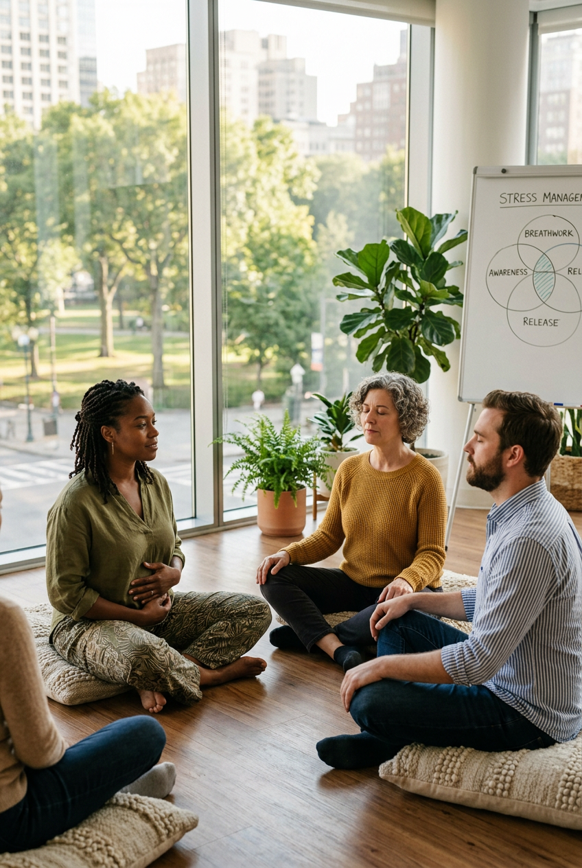 A group of four diverse adults practicing meditation or mindfulness in a bright, open room with large windows overlooking a city park with trees. They are seated on cushions on the wooden floor, with one woman in a green top and patterned pants, another woman with curly gray hair in a yellow sweater, a man in a striped shirt, and a person partially visible in the foreground. A whiteboard with a diagram about stress management is visible in the background.