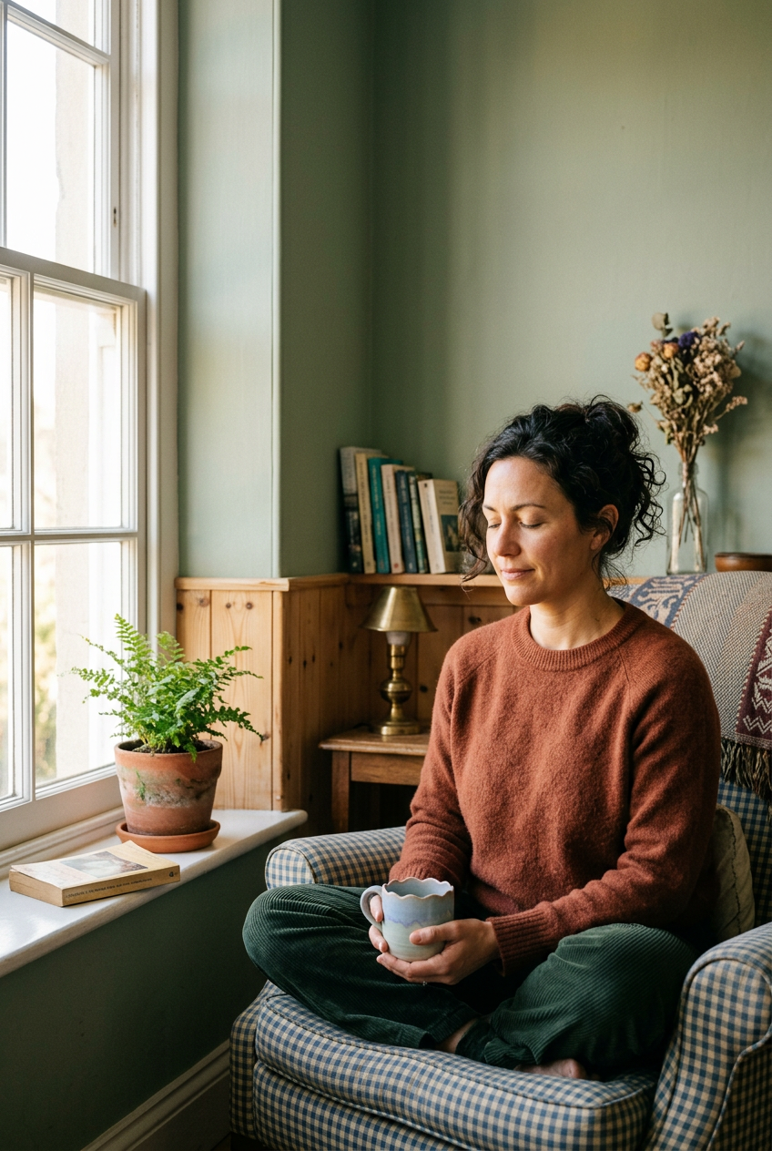 A woman sitting cross-legged on an armchair near a window, holding a mug with closed eyes, in a cozy room with green walls, wooden furniture, books, a lamp, a potted fern, and dried flowers.