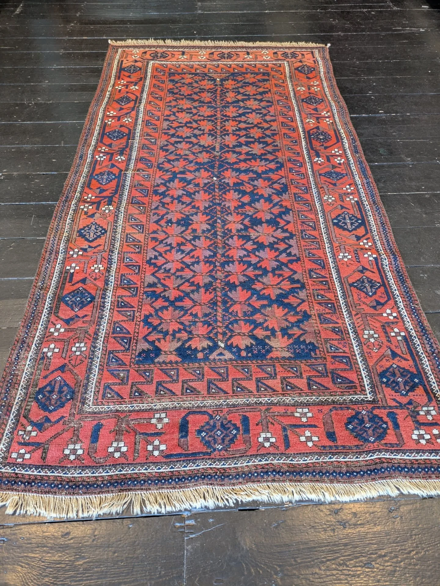 ~AVAILABLE~

An Antique Handmade Persian Baluch Rug, circa 1880

Extremely Rare &amp; collectable at the same time. Muted colours, full piles and all original fringes! 

These are extremely rare finds these days...

Size: 202cm by 102cm

Professional