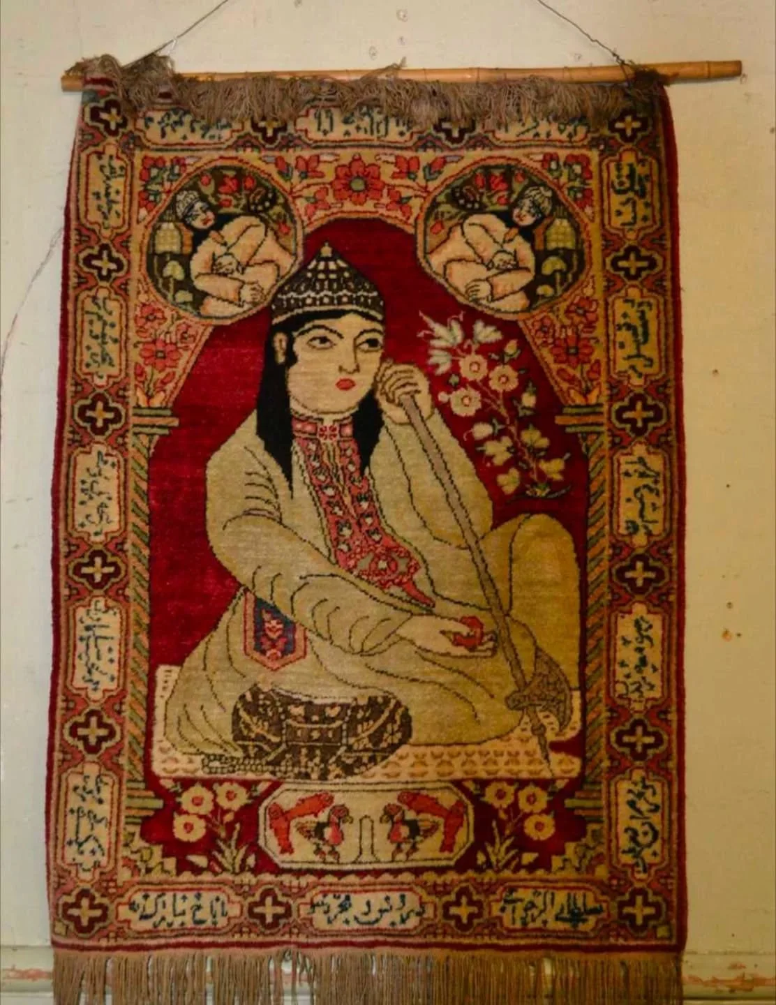 ~AVAILABLE~

An Antique Handmade Persian Kirman Lavar Poshti Rug in excellent condition. 

A pictorial Theme filled with poems on the borders. Truly an elegant piece to look at as well as its fine details. What I absolutely adore is the colour scheme